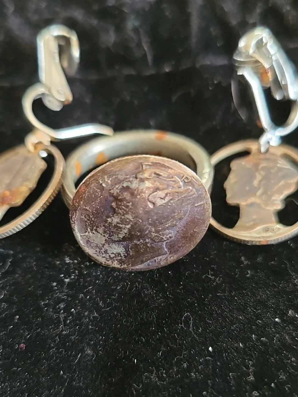 Vintage Silver-Tone Coin Drop Earrings with Brown Patina Accent